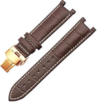 Genuine Leather Watchband for GC 22 * 13mm 20 * 11mm Notched Strap Withstainless Steel Butterfly Buckle Men and Women Watch Belt (Color : Brown White Rose, Size : 22-13mm)