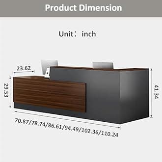 Modern L-Shaped Reception Desk with Hutch, Reception Counter Table, Lockable Drawer Door Cabinet, Office Wooden Computer Front Desk (Walnut+lron Gray-Right Cabinet, 71" L*24" W*41" H)