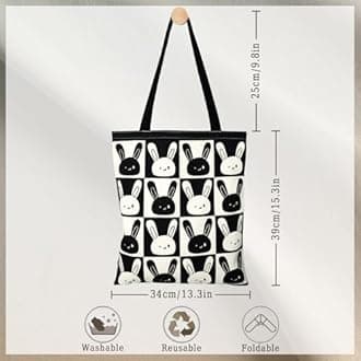 Cotton Canvas Reusable Grocery Bags Tote Bag with Inner Pocke, Black And White Pattern Printing for Shopping Gym And Travel