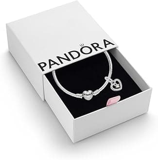 Pandora Women's Sterling Silver Birthstone Dangle Charm & Heart Clasp Snake Chain Bracelet Set - Jewelry Gift Box Included