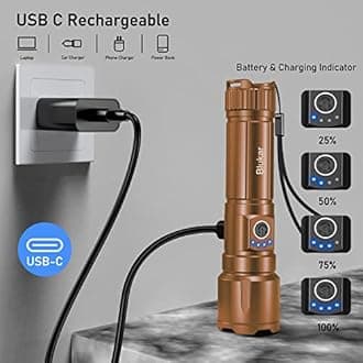 Blukar LED Torch Rechargeable, Ultra High Lumens Super Bright Torches - Adjustable Focus,5 Modes,5000 mAh Long Lasting,IP67 Waterproof,Powerful Handheld Flashlight for Camping,Hiking,Emergency -Brown