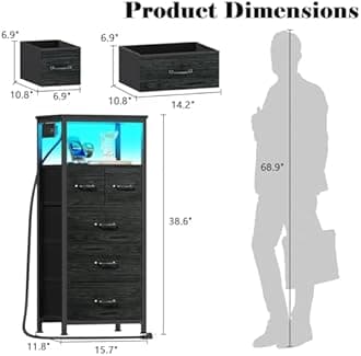 Furnulem Dresser for Bedroom, Tall Nightstand, Vertical Chest with Wood Top, Charging Station, LED Lights, 5 Fabric Bins, Bedside Table with Shelf, Furniture for Entryway (5 Drawer, Black Oak)