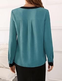 Fayenne Womens Tops Dressy Casual V Neck Color Block Business Casual Blouses Long Sleeve Work Shirts Fall Trendy Clothes