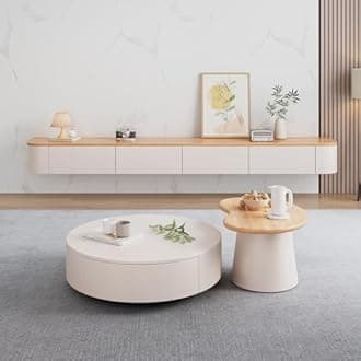 Floating TV Unit with Flip-Down Doors & Drawers 220cm Wall Mounted TV Stand, Storage TV Bench Under TV for Bedroom Livingroom (Wood)