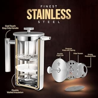 KICHLY 1000ml Stainless Steel French Press - Double Wall Coffee Press - Stainless Steel Plunger Coffee & Tea Maker (Silver, 1.0 Ltr, Pack of 12)