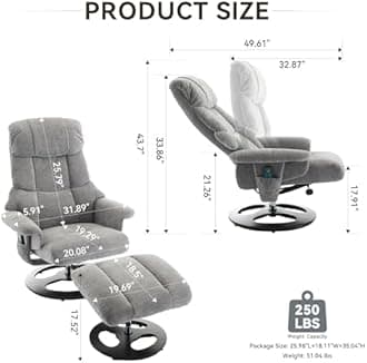 Swivel Stressless Recliner with Ottoman - Swivel Recliner Chairs with Ottoman with Remote-Control Massage System, Massage Recliner Chairs with 360° Rotation, Manual Recliner for Bedroom, Den (Grey)