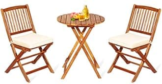 Giantex 3Pcs Patio Bistro Set, Wood Folding Table Set, 2 Cushioned Chairs for Garden Yard, Outdoor Furniture Round Table (Natural & Beige)