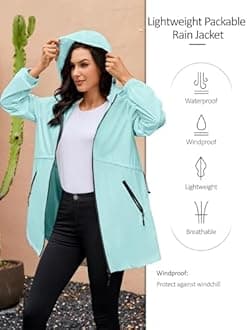 PITINAN Lightweight Rain Jacket Womens Hooded Packable Raincoat For Women Waterproof Light Rain Jacket Women With Roomy Pockets For Cruise Trip Light Blue XL