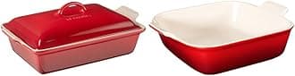 Le Creuset Stoneware Heritage Covered Rectangular Casserole, 4 qt. (12" x 9"), Cerise & Stoneware Heritage Square Dish, 3 qt. (9"), Cerise