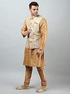 Uri and MacKenzie Men's Silk Blend Kurta Pajama with Embroidered Nehru Jacket/Modi Jacket