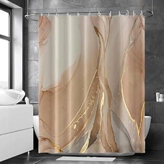 Brown Shower Curtain, Modern Brown Gold Grey Marble Shower Curtain for Bathroom Aesthetic Ink Texture Waterproof Shower Curtain Set with Hooks, 72x84 Inch