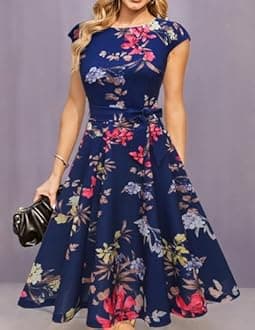 Women Casual Dresses Swing Tea Dress Cocktail Vintage A-Line Midi Party Dress
