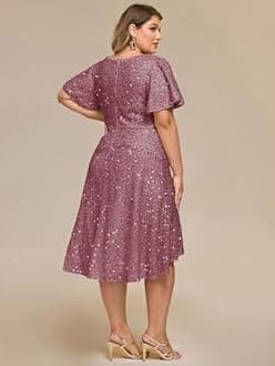Ever-Pretty Plus Women's Formal Eveing Dress V Neck A-line High Low Sequin Plus Size Christmas Cocktail Party Dresses