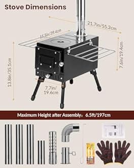 Wood Stove,YRenZ Hot Tent Stove with 7-Section Stainless Steel Chimney, HeatControl Stovepipe and Elbow Pipe, Wood Burning for Outdoor Camping and Ice Fishing