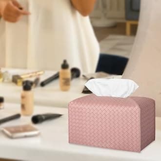 Tissue Box Cover PU Leather Tissue Holder Square Facial Tissue Case Facial Paper Organizer Dispenser for Bathroom, Vanity Countertop, Tabletop, Car, Rectangle, Pink
