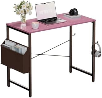 Pamray 32 Inch Computer Desk Small Spaces Desk with Storage Bag for Bedroom Writing and Home Office Work Small Study Desk Table Pink