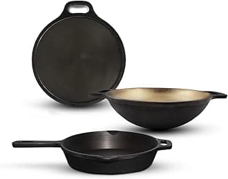 The Indus Valley Super Smooth Cast Iron Cookware Set | Tawa (30.5 Cm) + Kadai (25.4 Cm/2.5L) + Fry Pan (25.4 Cm/1.9L) | Kitchen Cooking Combo Pots And Pans Set Of 3Pcs | Naturally Nonstick - Black