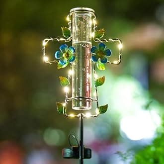 Venniy Solar Rain Gauge Outdoor with LED Lights,7” Glass Tube Rain Gauge Yard Decorative,Cross Rain Guage Freeze Proof for Garden Patio Lawn