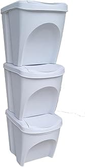 Large Stackable Recycling Bins Set of 3x25L (Brand KrysGo) - Customizable Lids with Recycling Stickers - Waste Sorting for Home, Kitchen, Office (White + White)