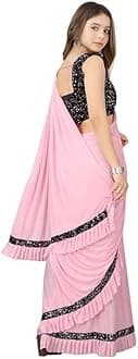 Kids Girls Lycra Blend Ready To Wear Saree With Sequence Blouse Piece (3-4 yrs to 12-13 yrs) (Baby Pink, 4-5 Years - S)