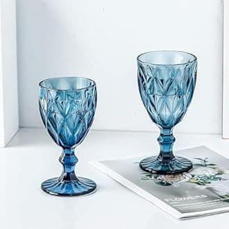 BINZO Color Water Goblet Glasses, Set of 6, 340 ml, Textured Blue Stem Colored Wine Glassware, Drinking Tumbler Glass for Juice, Drinks, Home, Kitchen, Beverage, Mocktail, Cocktail, Gift