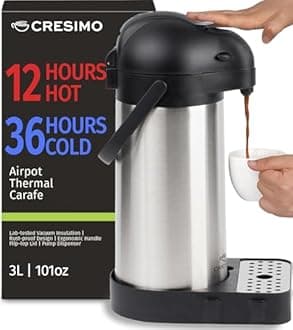 Cresimo 101 Oz (3L) Airpot Thermal Coffee Carafe/Lever Action/Stainless Steel Insulated Thermos / 12 Hour Heat Retention / 24 Hour Cold Retention (Airpot with Drip Tray)