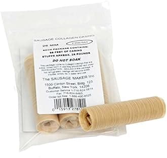 The Sausage Maker® 26mm Fresh Collagen Casings for Sausage Making, Edible, Clear, Beef Collagen Sticks, 1” Diameter Hot Dog Casings, 98ft Sausage Skin, Stuff Approximately 28lbs Meat