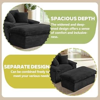 Oversized Chaise Lounge Chair Indoor, Boneless Chaise Lounges with Cup Holders & 3 Pillows, Modern Corduroy Sleeper Sofa Cloud Couch Chair with Wide Arms, No Assembly Required (Black, 52")