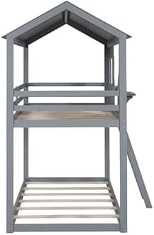 Harper & Bright Designs House Bunk Bed Twin Over Twin, Wood Floor Bunk Bed with Roof, Window, Guardrail and Ladder, Low Bunk Beds for Kids, Teens, Girls, Boys,No Box Spring Needed,Gray