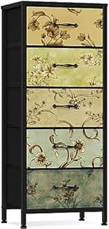 Furnulem Vertical Dresser for Bedroom, Tall Skinny Storage Tower with 5 Fabric Drawers, Chest of Drawers for Living Room, Dorm, Entryway, Nightstand Bedside Table, Vintage Furniture, Wood Top