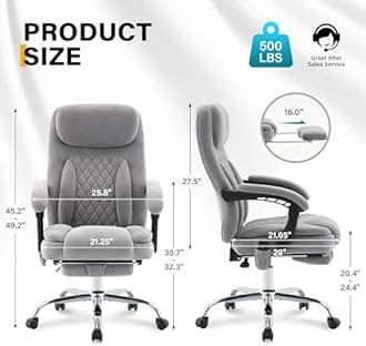 6-Point Massage Ergonomic Office Chair with Heated, Footrest & 45Reclining High Back, Big and Tall Executive Desk Chair 500LBS, Thick Cushion for Home Office, Grey