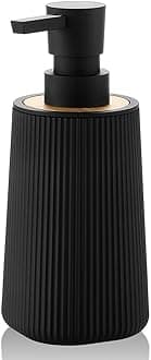 Small Soap Dispenser for Bathroom and Kitchen, Modern Farmhouse Striped Style Plastic Hand Soap Dish Soap Dispenser with Bamboo Decor Black
