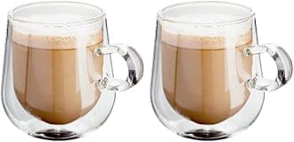 Double Walled Glass Coffee Cups, Set of 2 Latte Glasses, 275 ml Each, Handmade Insulated Borosilicate Glass