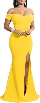 YMDUCH レディース オフショルダー ハイスプリット ロング フォーマル パーティードレス イブニングガウン