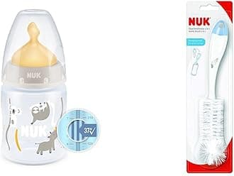NUKFirst Choice+ Baby Bottle, 0-6 Months, Temperature Control, Anti Colic Vent, BPA-Free, Latex Teat, Safari (Beige), 1 Count (Pack of 1), 150 ml & 2 in 1 Bottle and Teat Brush (Colours May Vary)