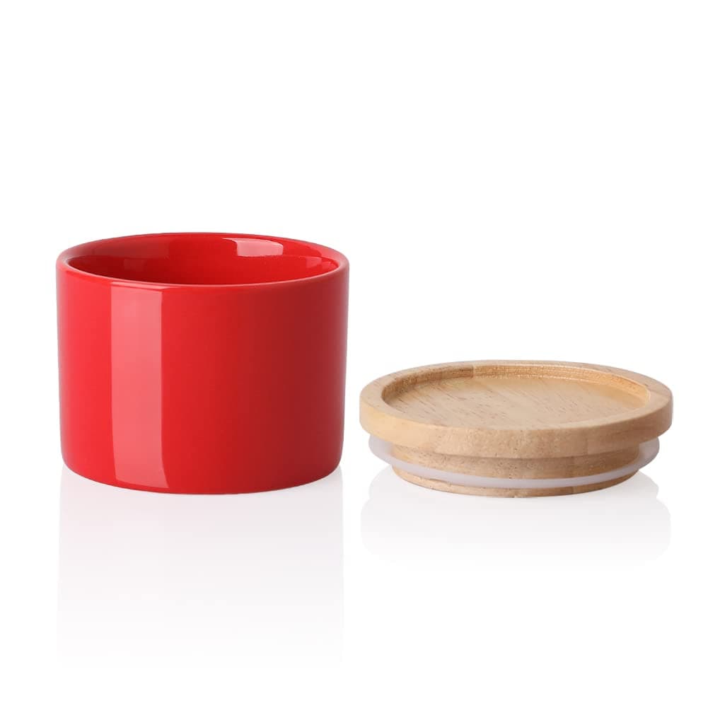 Sweejar Kitchen Canisters Ceramic Food Storage Jar, Stackable Containers with Airtight Seal Wooden Lid for Serving Ground Coffee, Tea, Sugar, Spice and More - 5 Fl Oz(Red)