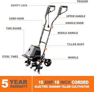 15 Amp Electric Tiller Cultivator for Gardening, 18-Inch Width 9-Inch Depth Corded Powerful Roto Tiller w/24 Steel Tines, Foldable Handle, Adjustable Wheels, Safety Switch for Garden Lawn Yard