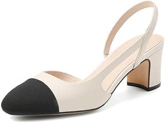 MICIFASlingback Heels for Women，Round Toe Chunky Heeled Pumps Ankle Strap Fashion Splicing Dress Shoes