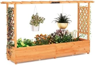 COSTWAY Garden Planter with Trellis, Hanging Roof and Drainage Holes, Weather-Resistant Wooden Raised Bed for Vine Climbing Plants, Outdoor Trough Container Grow Box Flower Pot (Orange, 200x44x114cm)