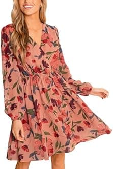 CUPSHE Women's Mini Dresses Casual Spring V Neck Chiffon Long Peasant Sleeves Flowy Spring Dress
