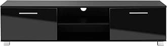 MMT Black Gloss TV Stand Cabinet 140cm for Up to 65 Inch TV, Living Room Furniture with Storage Cupboard and Open Shelving