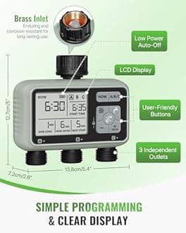 3 Zone Sprinkler Timer, Garden Hose Timer, Automatic Irrigation System, Programmable Faucet, 3 Outlets, with Rain Delay, Manual Mode,Child Lock, for Yard, Garden, Lawn Greenish Gray D13WT06