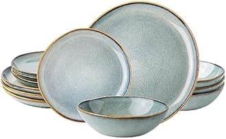AmorArc Ceramic Dinnerware Sets,Handmade Reactive Glaze stoneware Plates and Bowls Sets,Highly Chip and Crack Resistant | Dishwasher & Microwave Safe,Service for 4 (12pc)