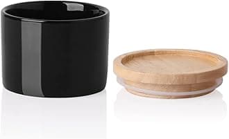 SweejarKitchen Canisters Ceramic Food Storage Jar, Stackable Containers with Airtight Seal Wooden Lid for Serving Ground Coffee, Tea, Sugar, Spice and More - 5 FL Oz (Black)