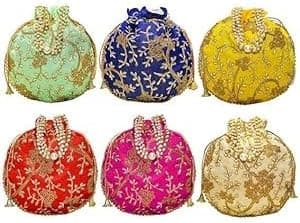 AT Traders Embroidered Potli Bag Pack of 6 | Floral Design Moti Handle Batwa Bag | Bridal Purse for Women | Shagun Pouch & Return Gift Potli for Wedding, Lohri, Makar Sankranti & Pongal