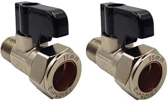 15mm x 3/8" European Male Flat Faced Isolation Ball o fix Valves Straight Metal Black Lever Suitable HOT & Cold Basin, Toilet Kitchen Sink WRAS Approved Pack of 2