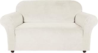 Turquoize Velvet Loveseat Covers Stretch Love Seat Couch Covers for 2 Cushion Couch Velvet Sofa Cover with Non Slip Elastic Bottom Furniture Cover Crafted from Soft Fabric (Loveseat, Cream)
