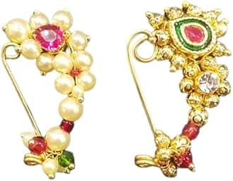 Maharashtrian Nose ring without piercing Pearl Gold Plated Nath Clip On Nose Ring For Women (Combo of 2)
