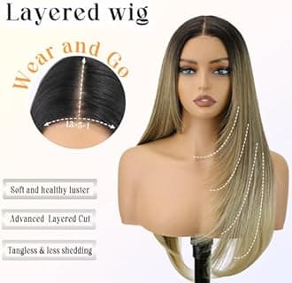 - NOSTALGIA Ombre Blonde Wear and Go Glueless Wigs Pre Plucked Pre Cut for Beginners Synthetic Lace Front Wigs With Bangs Blonde Long Layered Straight Wigs