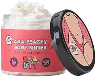 Mallows Beauty Shea Body Butter with Essential Oils, Vitamin A, Vitamin E, and Shea Butter, Gently Exfoliates and Brightens Skin, Vegan, 180g (AHA Peachy)